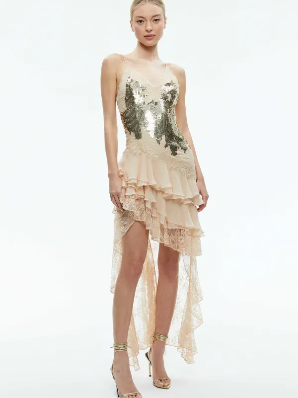 Women Alice and Olivia Nelia Sequined High Low Ruffled Maxi Dress