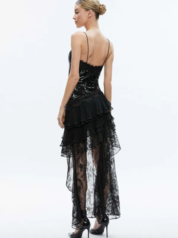 Women Alice and Olivia Nelia Sequined High Low Ruffled Maxi Dress