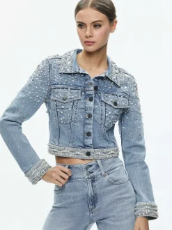 Women Alice and Olivia Nelson Embellished Fitted Denim Jacket