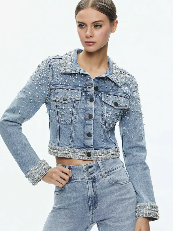 Women Alice and Olivia Nelson Embellished Fitted Denim Jacket