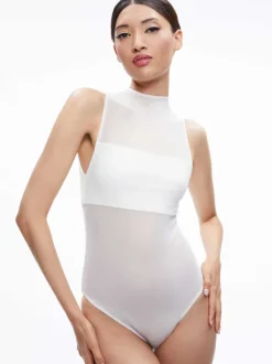 Women Alice and Olivia Nichol High Neck Sleeveless Mesh Bodysuit