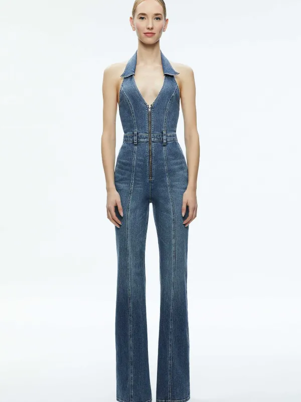 Women Alice and Olivia Noemi Halter Neck Denim Jumpsuit