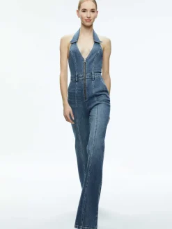 Women Alice and Olivia Noemi Halter Neck Denim Jumpsuit