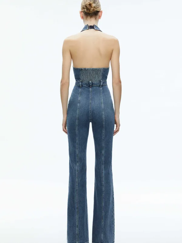 Women Alice and Olivia Noemi Halter Neck Denim Jumpsuit