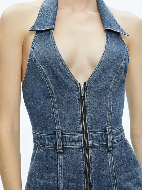 Women Alice and Olivia Noemi Halter Neck Denim Jumpsuit