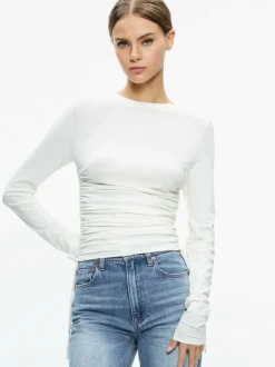 Women Alice and Olivia Percy Crewneck Ruched Cropped Top