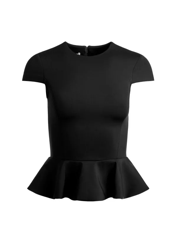 Women Alice and Olivia Poppy Crew Neck Cap Sleeve Peplum Top