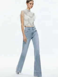 Women Alice and Olivia Pria Embellished Mock Neck Fringe Top