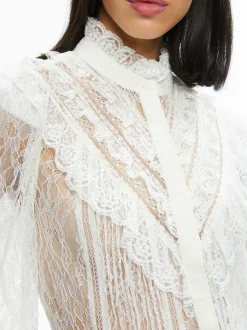 Women Alice and Olivia Rheba Mock Neck Button Front Lace Top