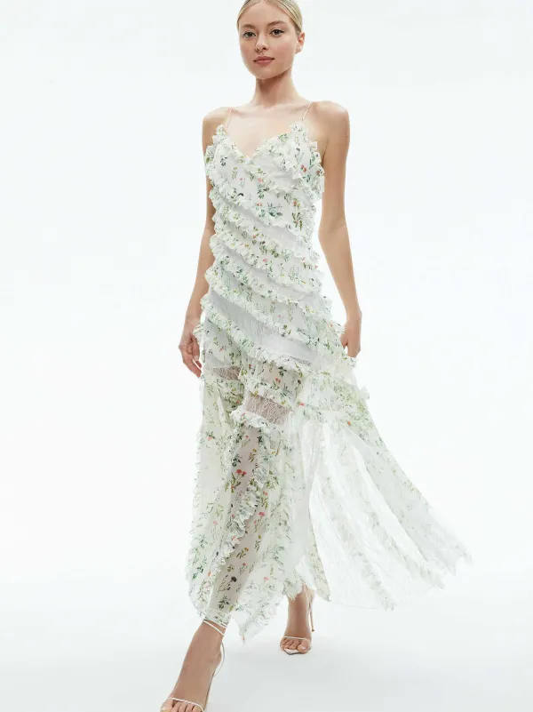 Women Alice and Olivia Sondra Tie Strap Lace Ruffled Maxi Dress