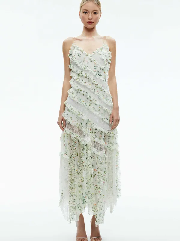 Women Alice and Olivia Sondra Tie Strap Lace Ruffled Maxi Dress