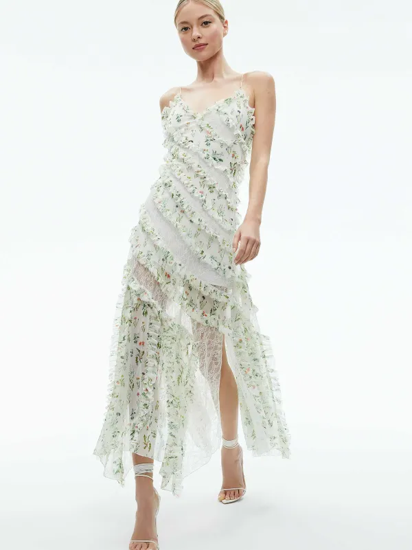 Women Alice and Olivia Sondra Tie Strap Lace Ruffled Maxi Dress