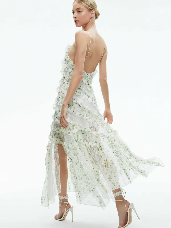 Women Alice and Olivia Sondra Tie Strap Lace Ruffled Maxi Dress