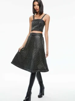Women Alice and Olivia Sosie Studded Leather Midi Skirt
