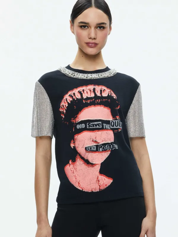Women Alice and Olivia Tari Embellished Crystal Sleeve Tee