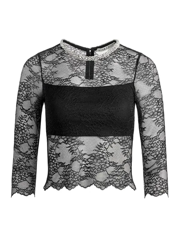 Women Alice and Olivia Vanita Embellished Neck Lace Crop Top