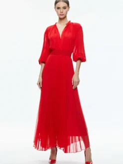 Women Alice and Olivia Vernia Blouson Sleeve Pleated Maxi Dress