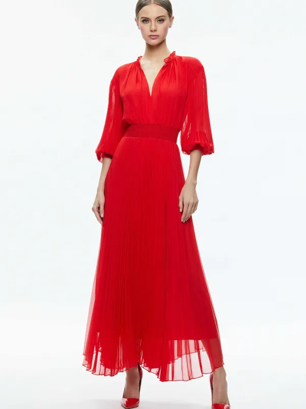 Women Alice and Olivia Vernia Blouson Sleeve Pleated Maxi Dress