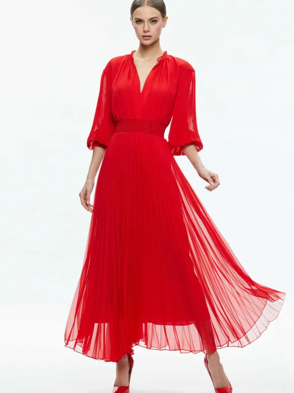 Women Alice and Olivia Vernia Blouson Sleeve Pleated Maxi Dress