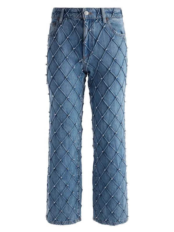 Women Alice and Olivia Weezy Quilted Embellished Cropped Mid Rise Jean