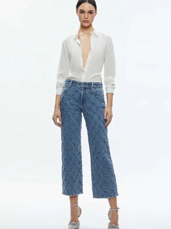 Women Alice and Olivia Weezy Quilted Embellished Cropped Mid Rise Jean