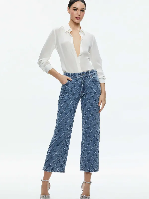 Women Alice and Olivia Weezy Quilted Embellished Cropped Mid Rise Jean
