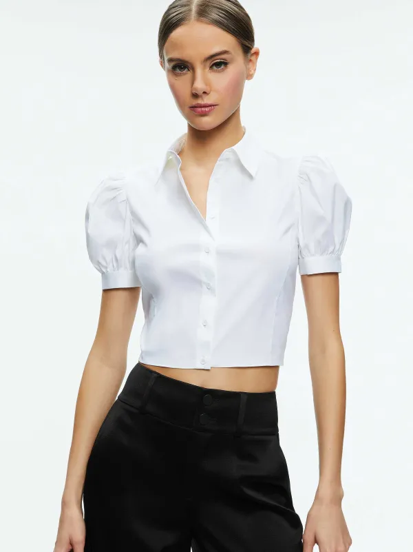 Women Alice and Olivia Willa Cropped Puff Sleeve Button Down