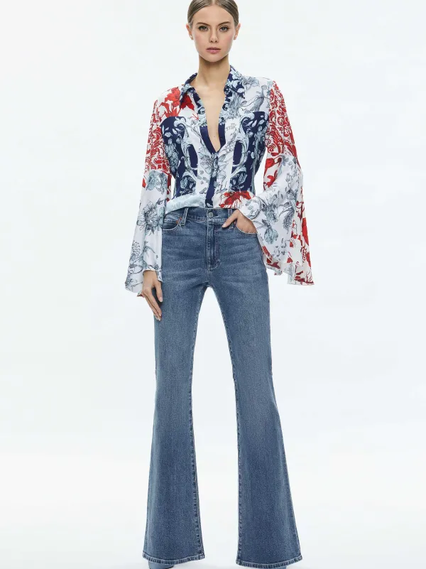 Women Alice and Olivia Willa Fitted Placket Bell Sleeve Top