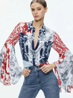 Women Alice and Olivia Willa Fitted Placket Bell Sleeve Top