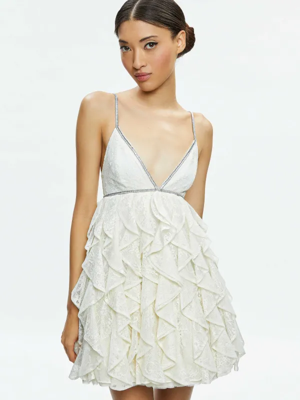 Women Alice and Olivia Wilmarie Embellished Lace Ruffle Mini Gown