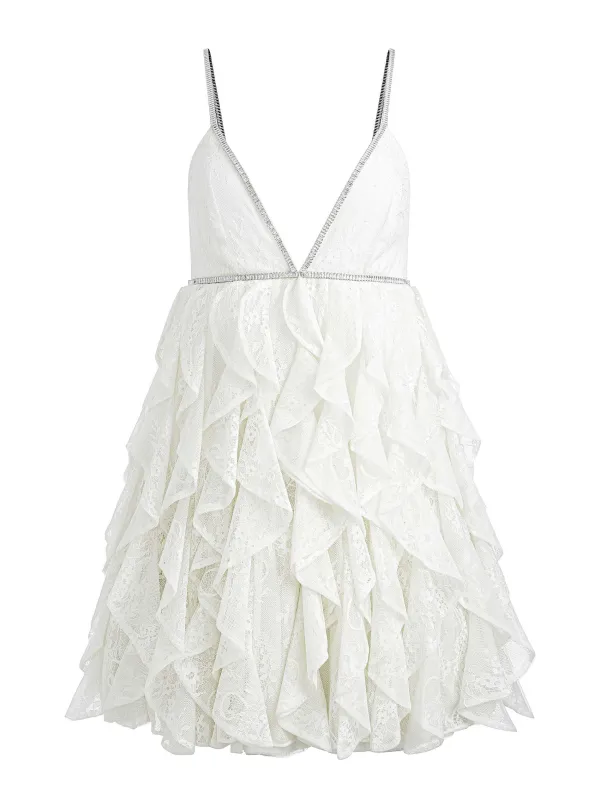 Women Alice and Olivia Wilmarie Embellished Lace Ruffle Mini Gown